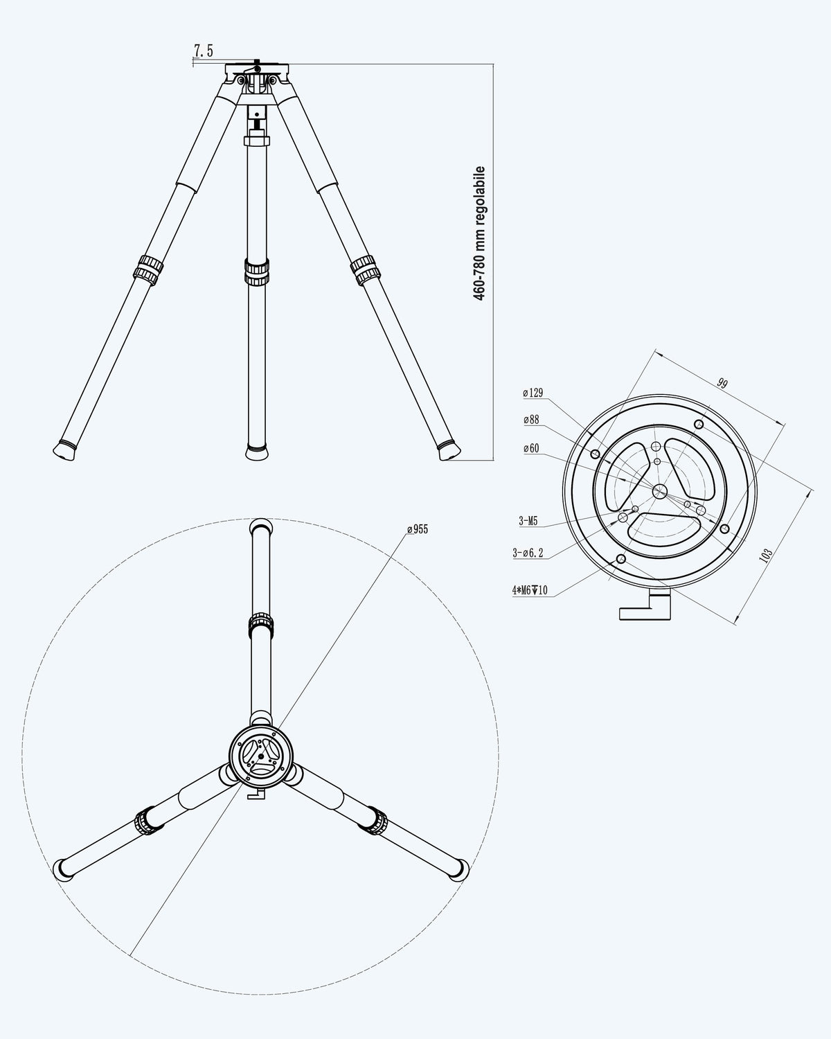 ToupTek T-Forty disegno tecnico con misure di testa, altezza e ingombro