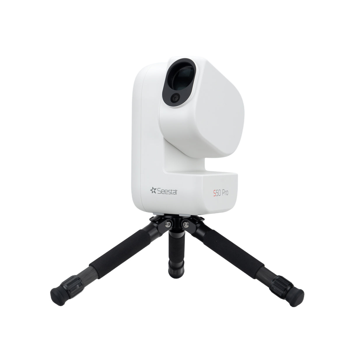 ZWO Seestar S50 Pro: vista tre quarti sinistra con obiettivo apocromatico da 50 mm
