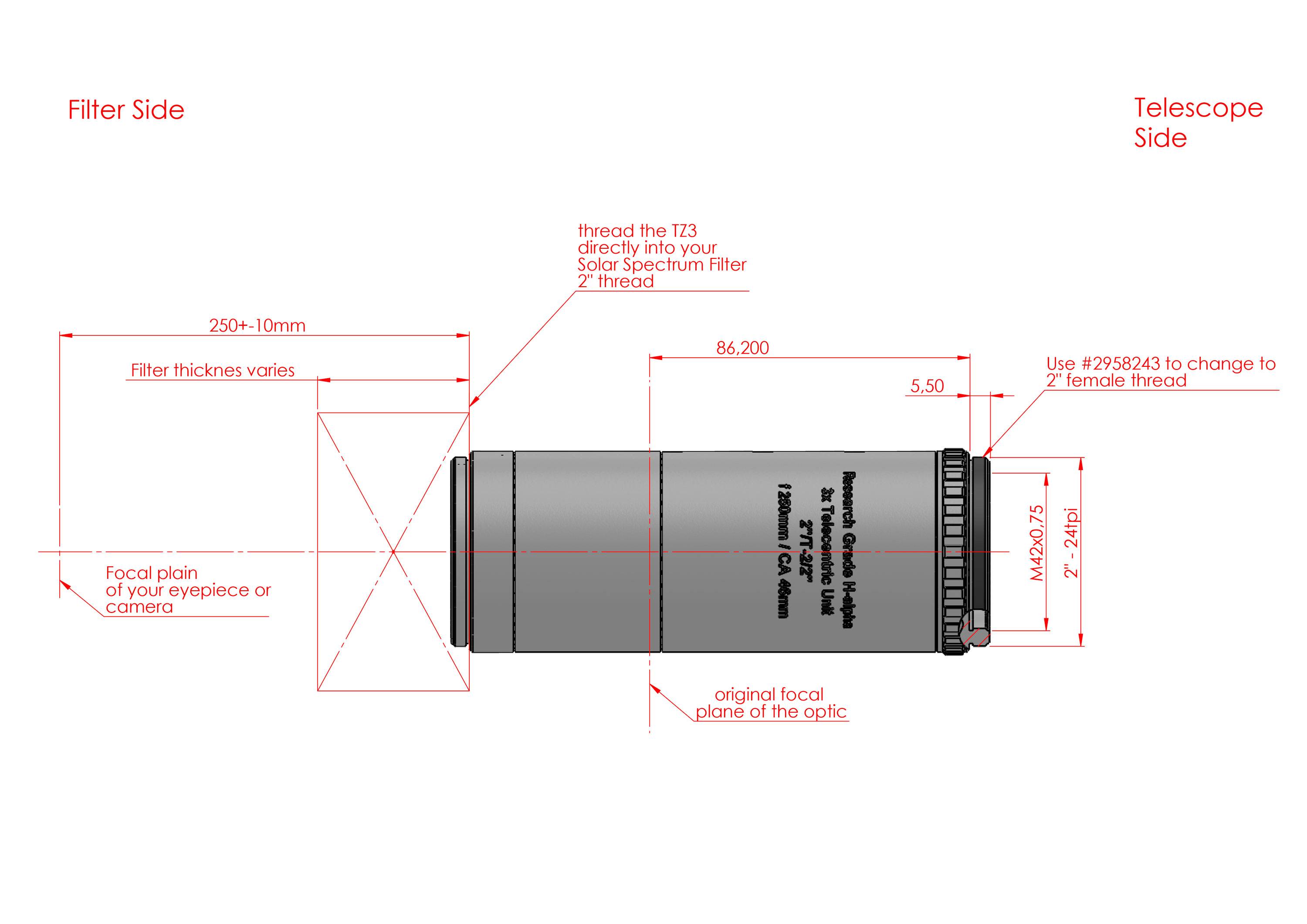 TZ-3 Telecentric System 2" Research Grade (3x focal length) Osservazione Solare H-Alpha