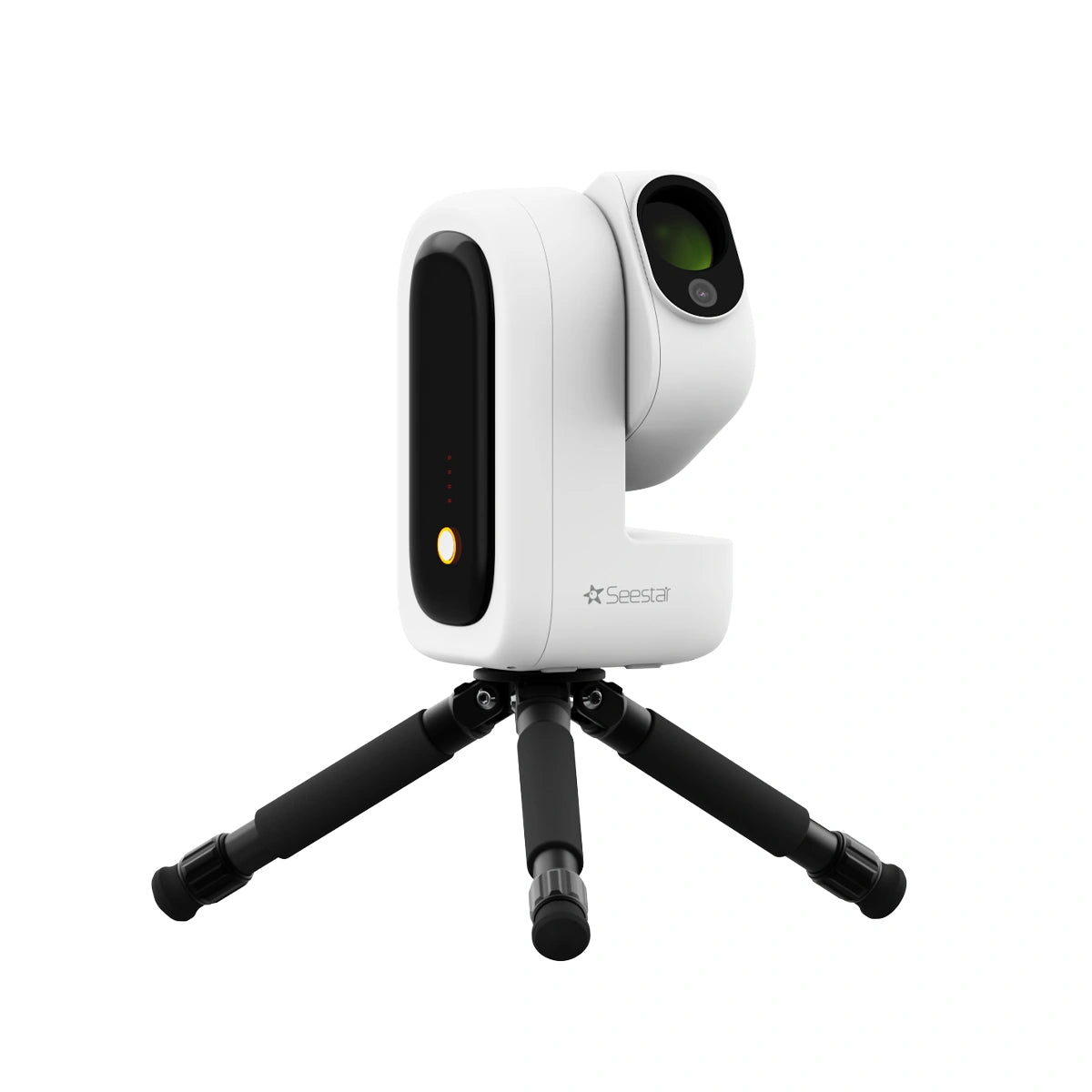 ZWO Seestar S50 Pro: vista tre quarti del telescopio smart bianco con obiettivo 50/260 e treppiede