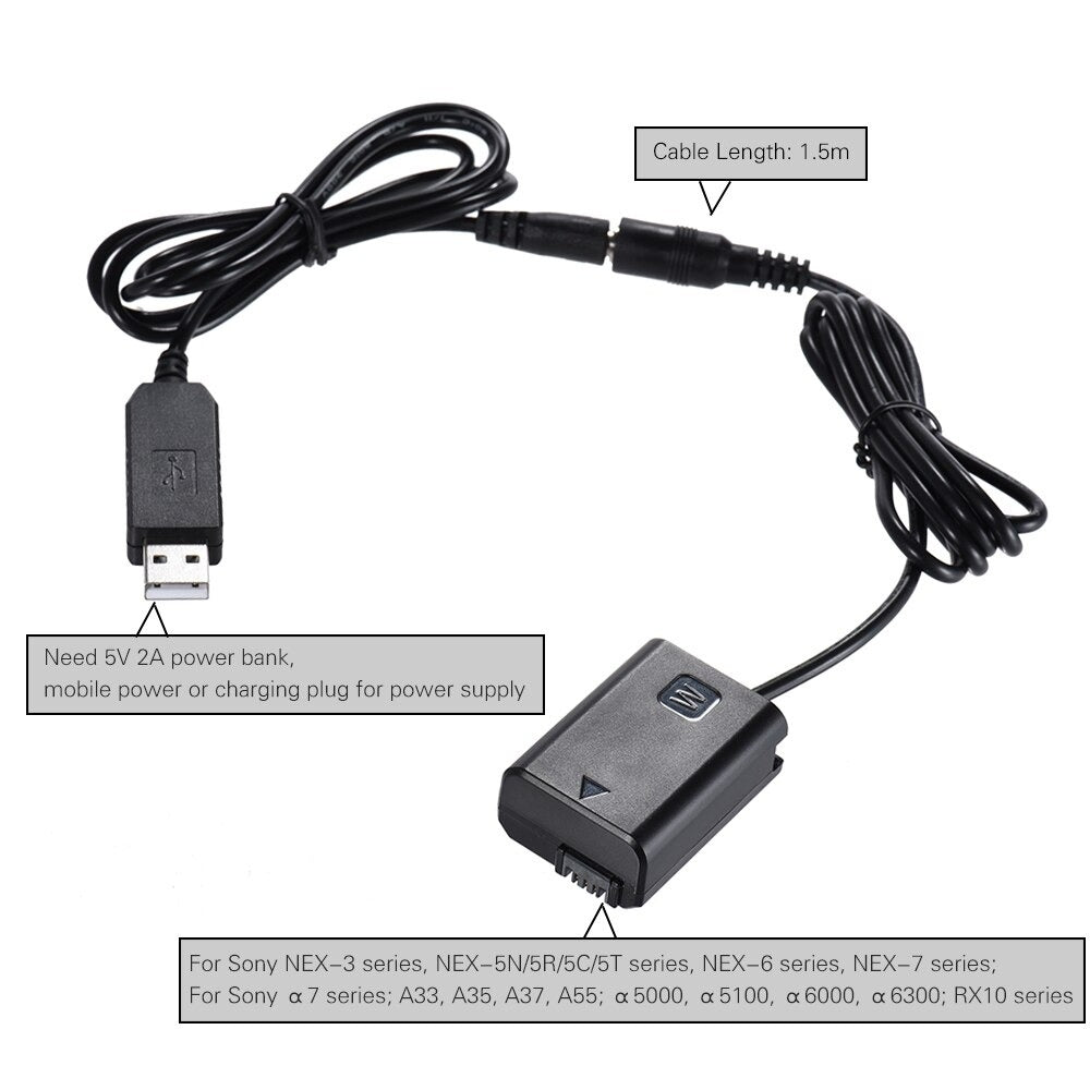 Take dummy battery USB 5V NP-FW50 compatibile Sony A7, A7R e A7S per alimentazione continua