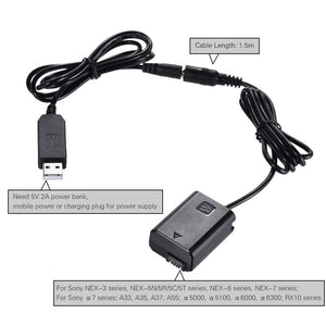 Take dummy battery USB 5V NP-FW50 compatibile Sony A7, A7R e A7S per alimentazione continua