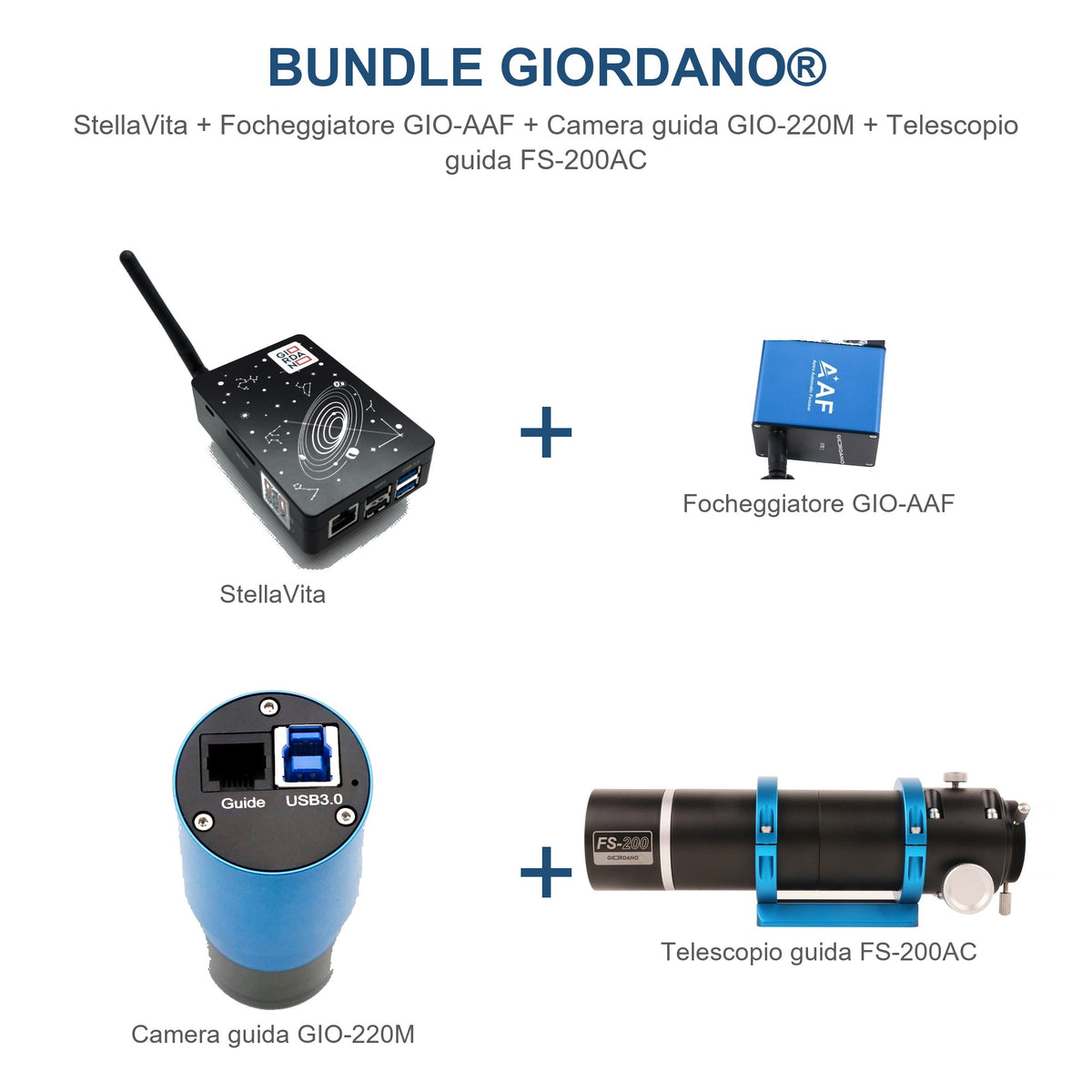 Bundle GIORDANO® StellaVita + Focheggiatore GIO-AAF + Camera Guida GIO-220M + Telescopio Guida FS-200AC