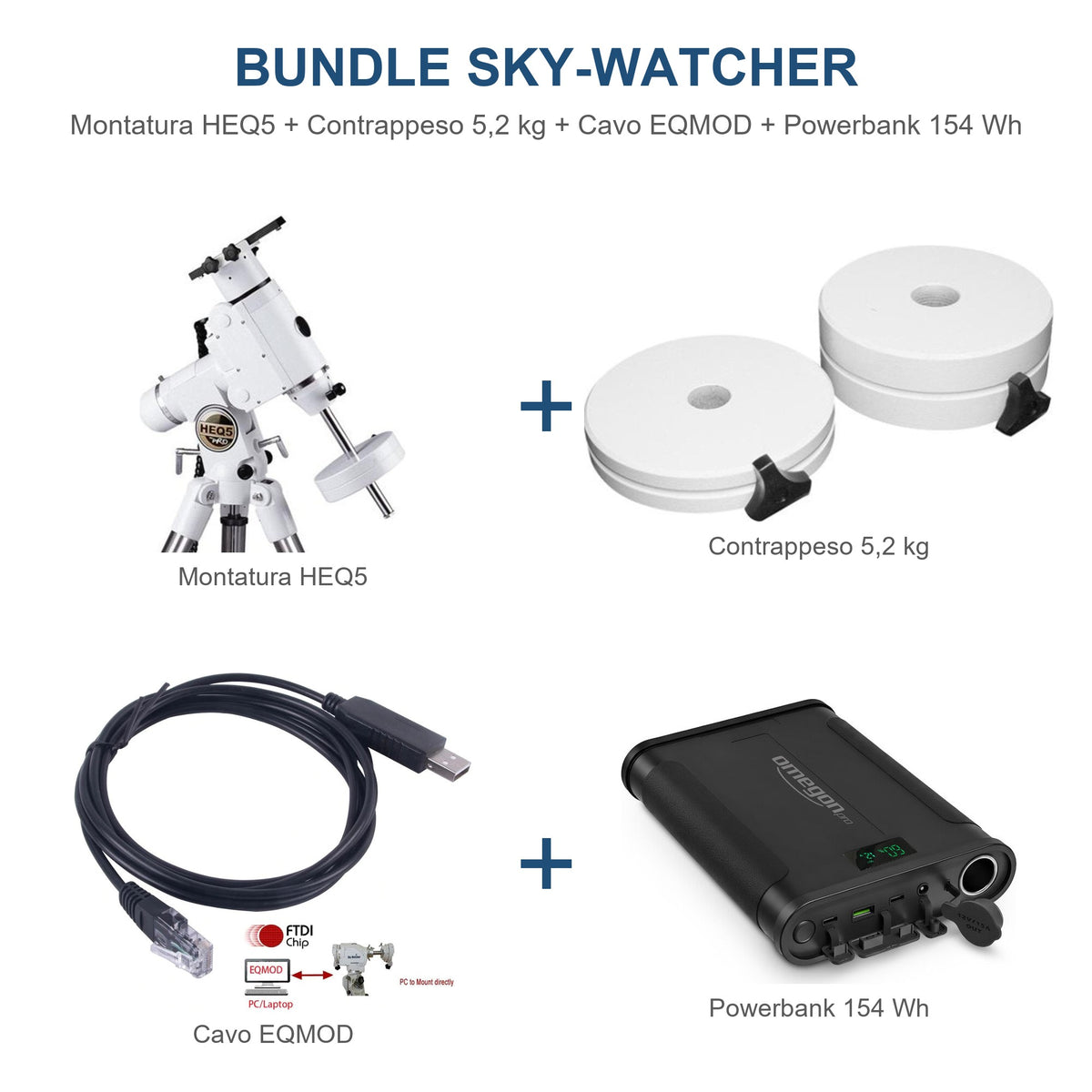 Bundle Sky-Watcher HEQ5 Synscan + Contrappeso 5,2 kg + Cavo EQMOD + Powerbank Omegon 154 Wh