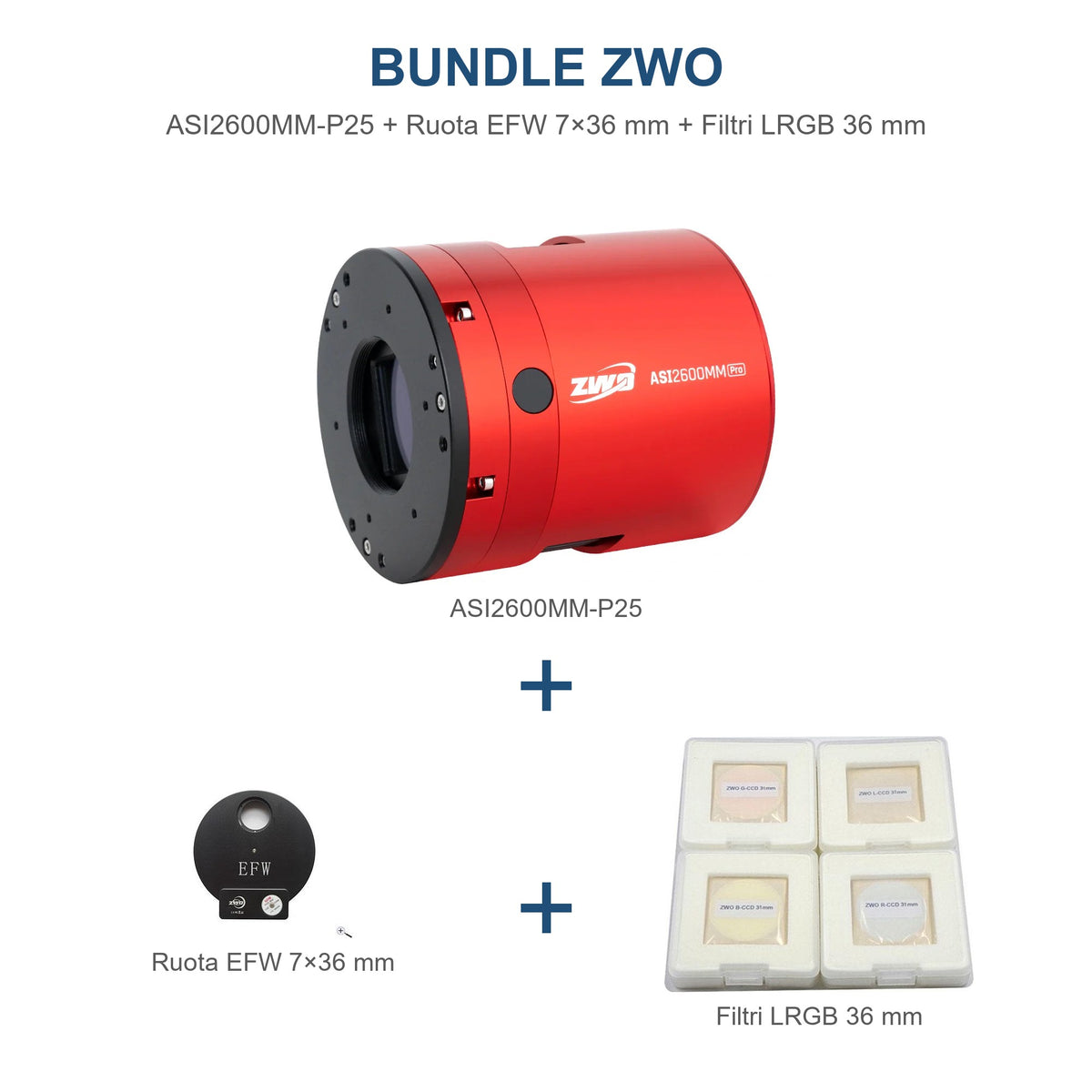 Bundle ZWO ASI2600MM-P25 + Ruota Portafiltri EFW 7x36 mm + Filtri LRGB 36 mm