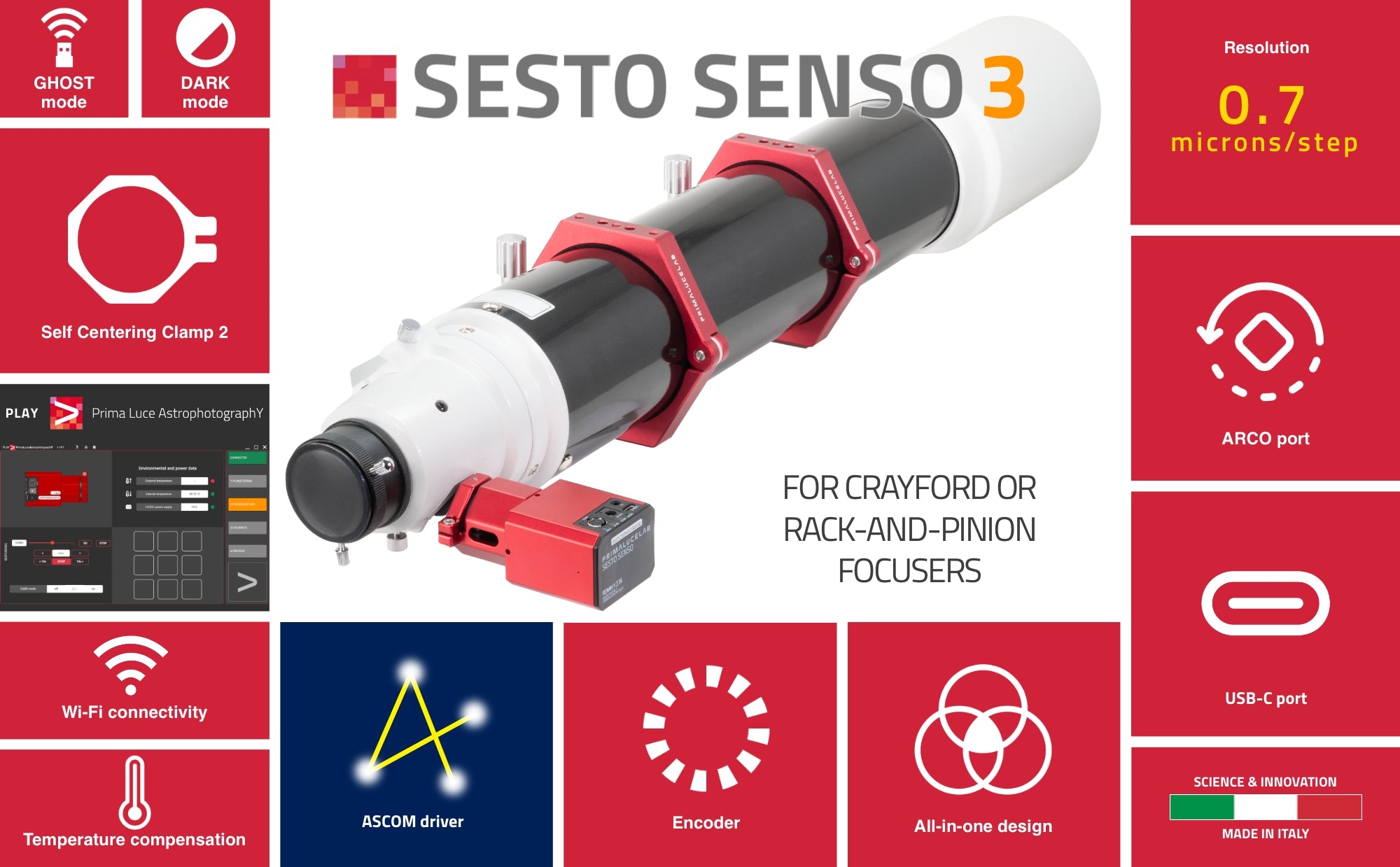 PrimaLuceLab sesto senso 3 motore di messa a fuoco robotico USB c Wi‑Fi per focheggiatori crayford e a cremagliera