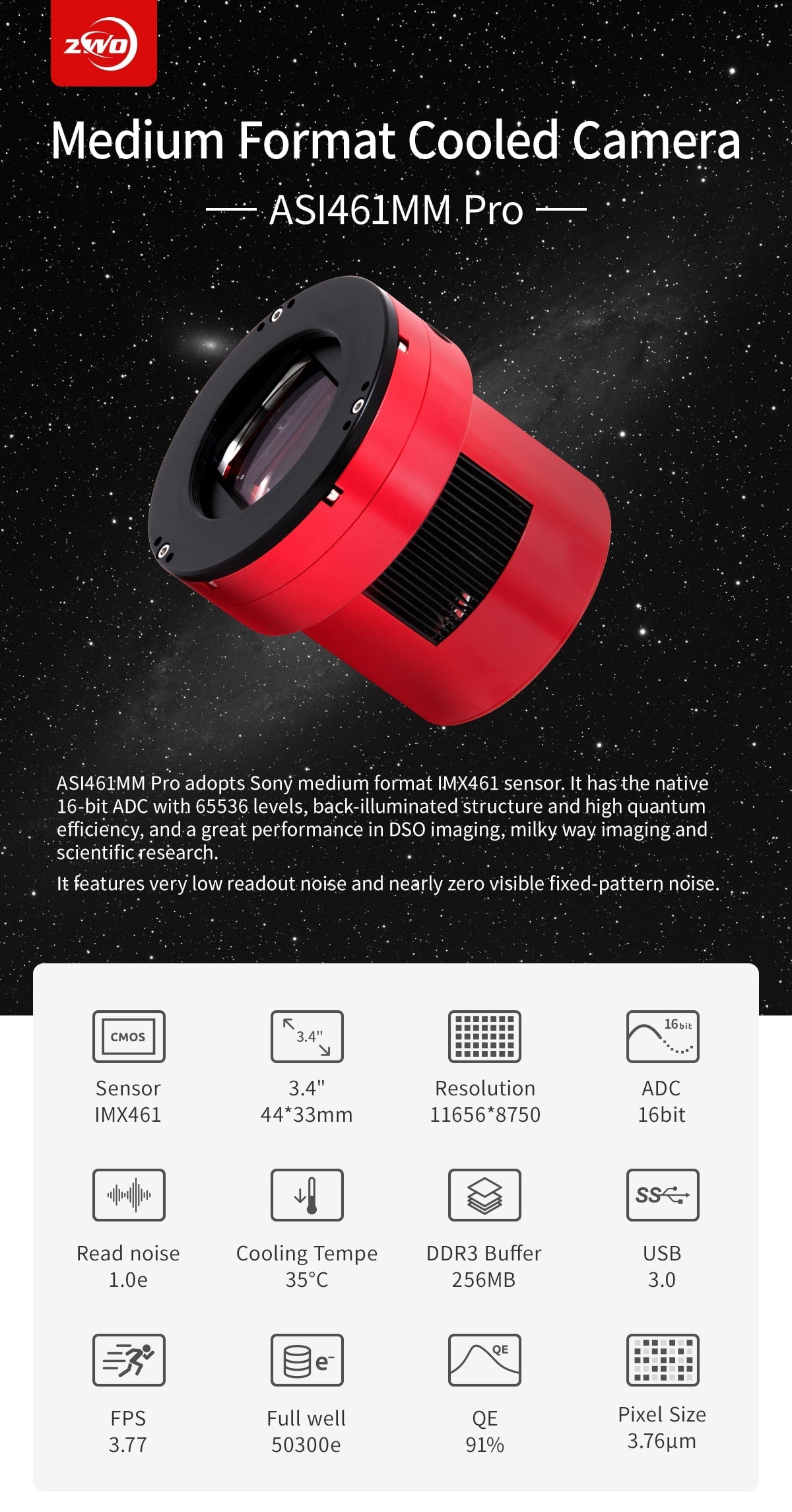 ZWO asi461mm p camera astronomica cmos monocromatica per astrofotografia, riprese planetarie o deep sky