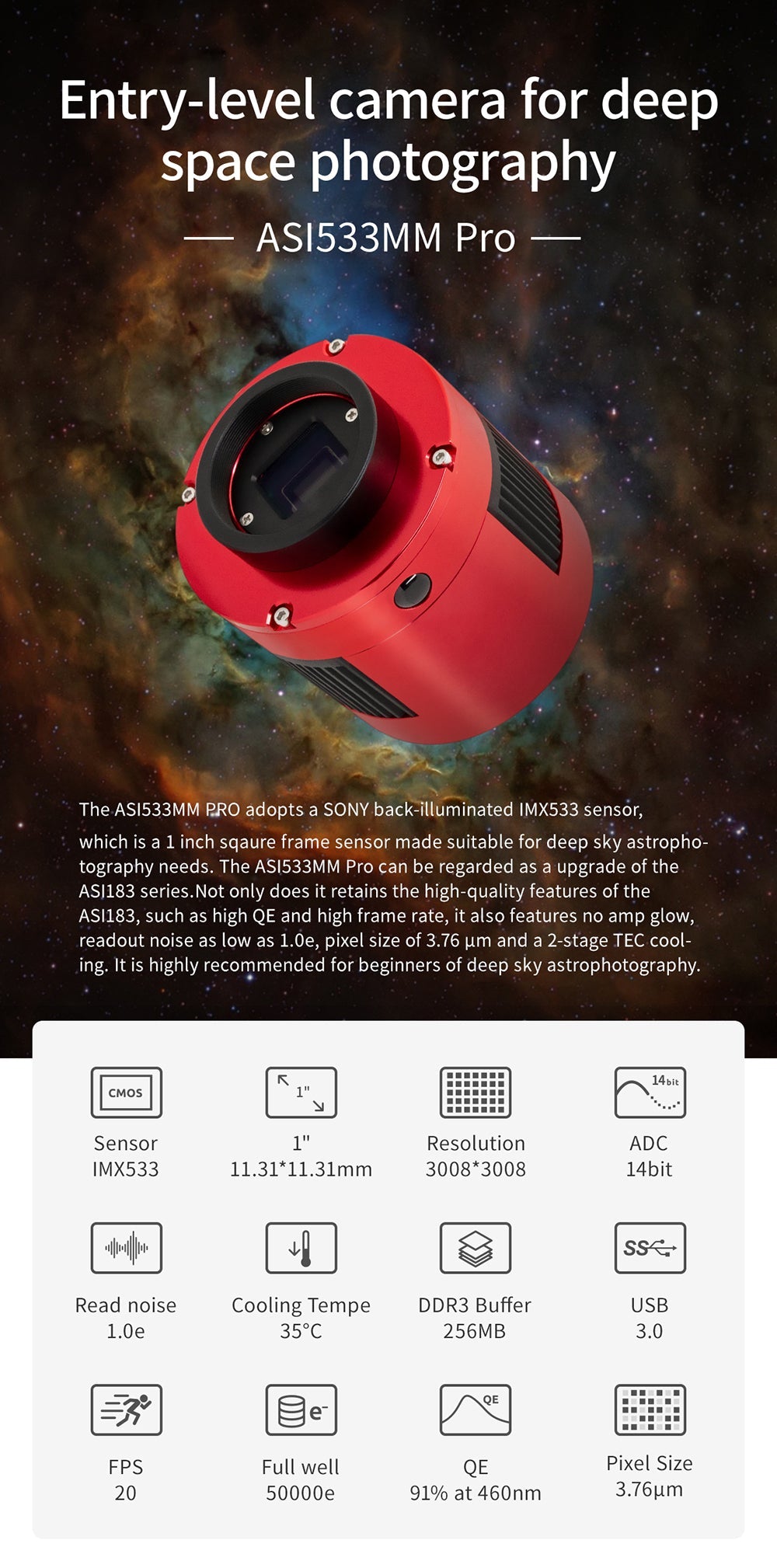 ZWO ASI533MM Pro fotocamera astronomica monocromatica per riprese astronomiche e imaging avanzato