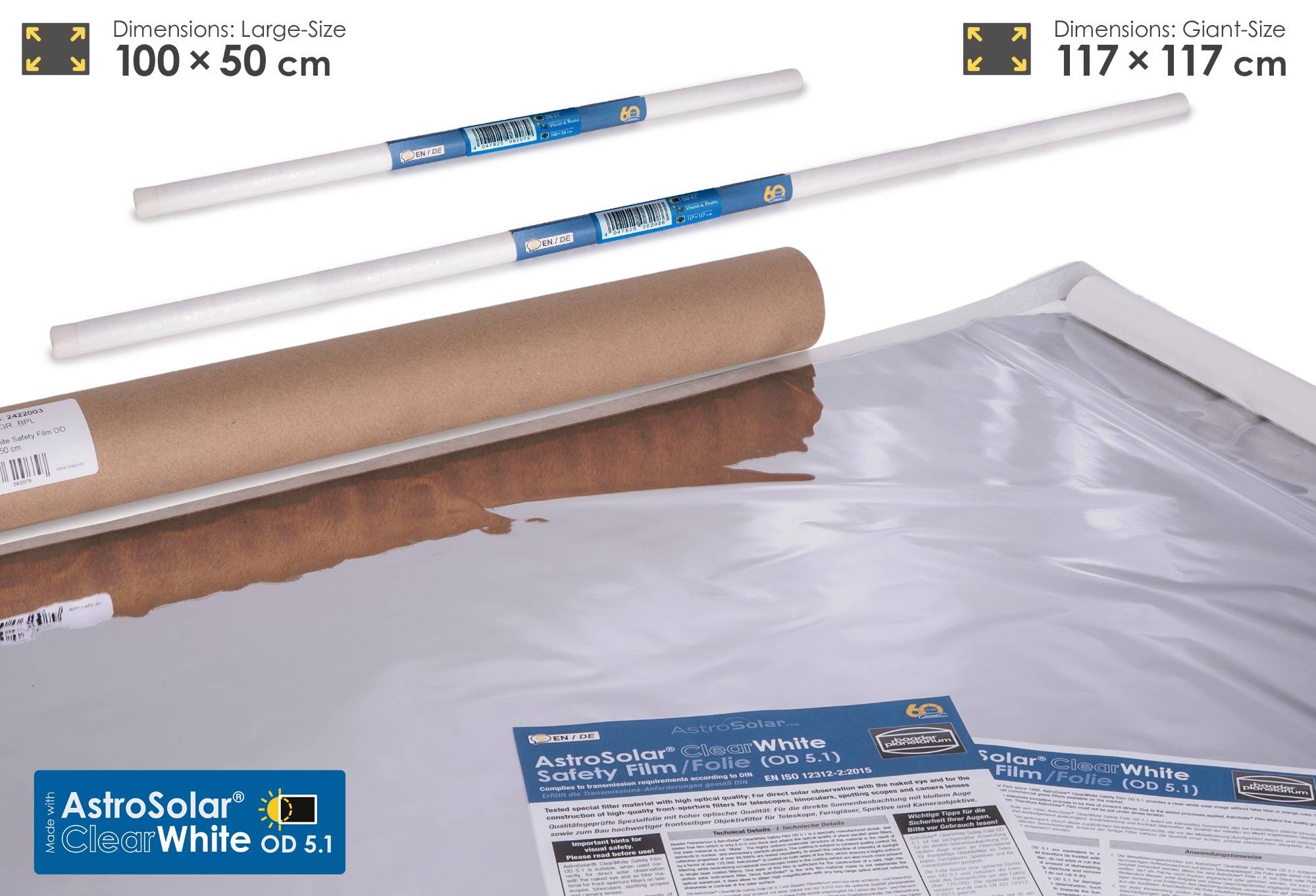AstroSolar® ClearWhite Safety Film OD 5.1 (100x50, 117x117cm) Filtro Solare (Luce Bianca)