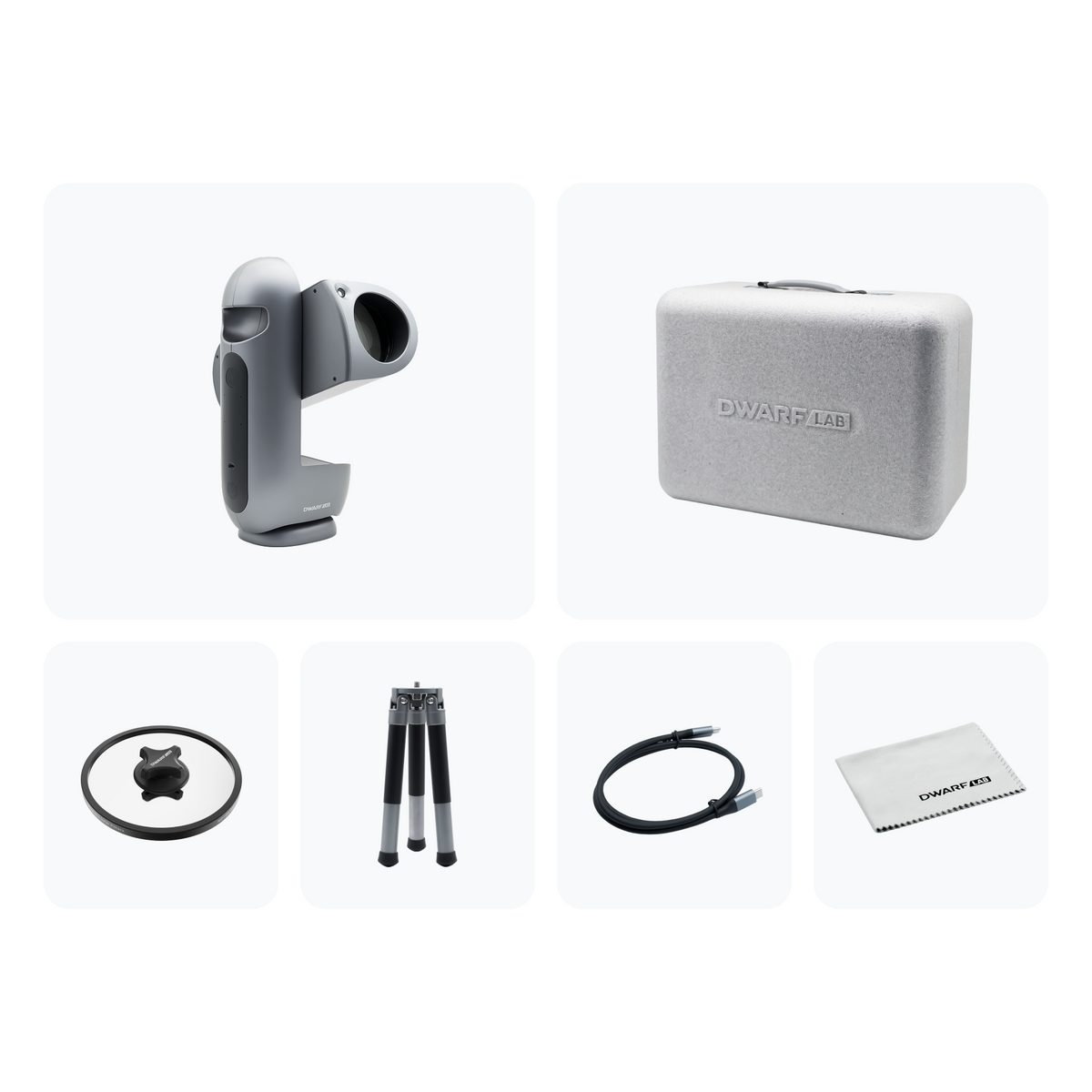 Contenuto della confezione del telescopio smart DWARFLAB Draco SHO: telescopio, custodia protettiva, filtro ND esterno magnetico, treppiede, cavo USB-C e panno per la pulizia