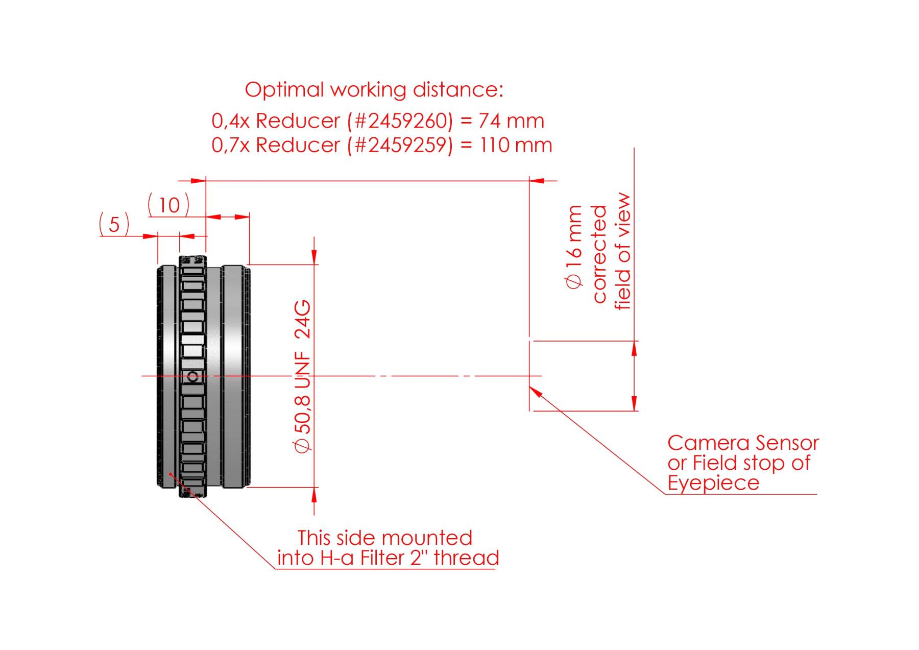 Telecompressor 2" H-alpha 0.4x Research Grade, per Solare Spectrum Osservazione Solare H-Alpha