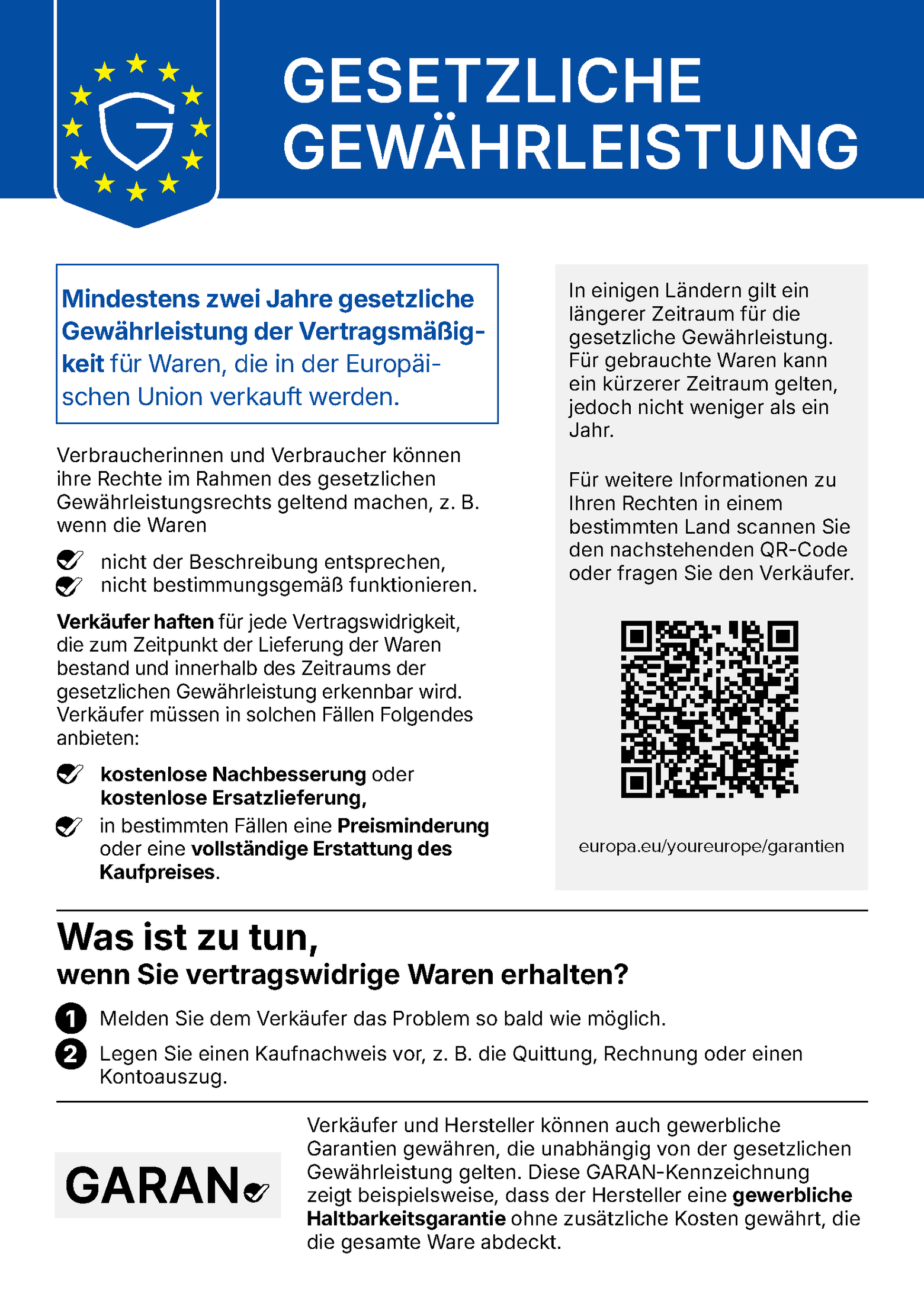 Mindestens zwei Jahre gesetzliche Gewährleistung für in der EU verkaufte Waren