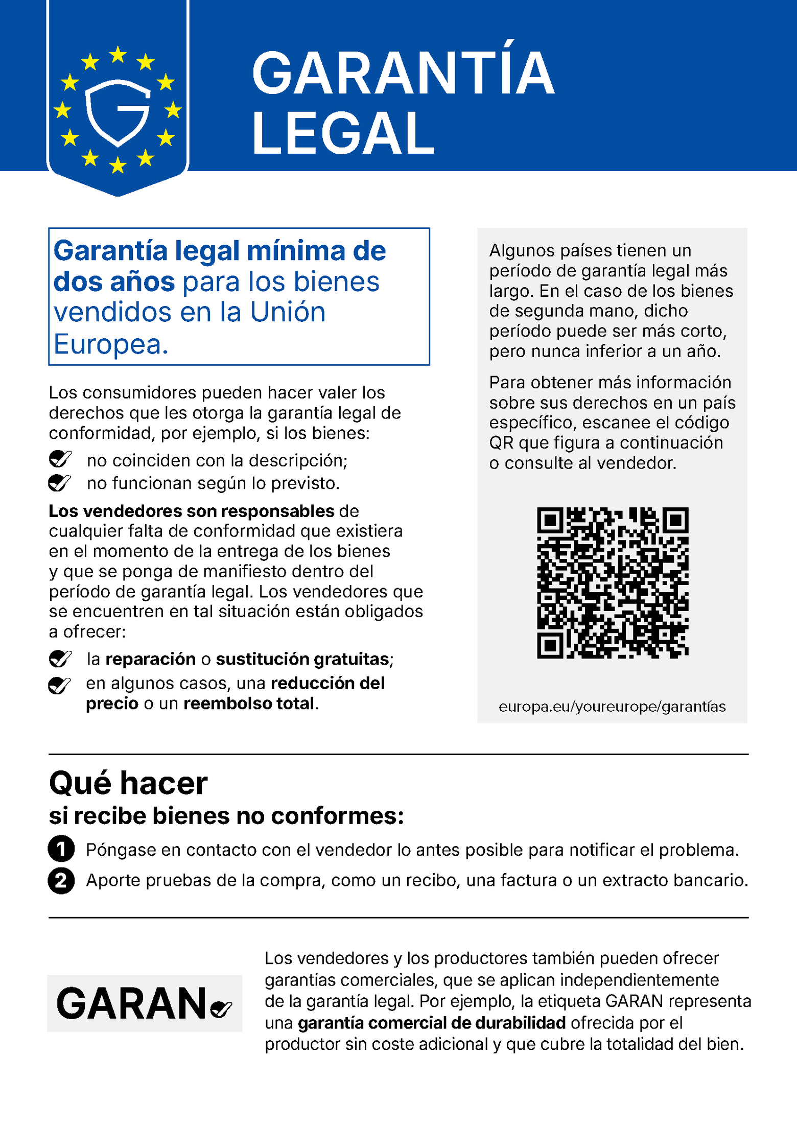 Garantía legal mínima de dos años para los bienes vendidos en la Unión Europea