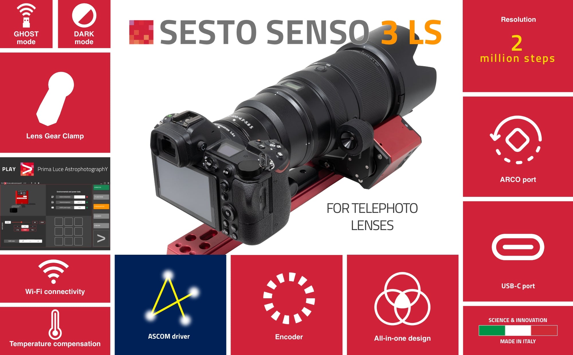 PrimaLuceLab sesto senso 3 ls motore di messa a fuoco robotico per obiettivi fotografici canon nikon e altri
