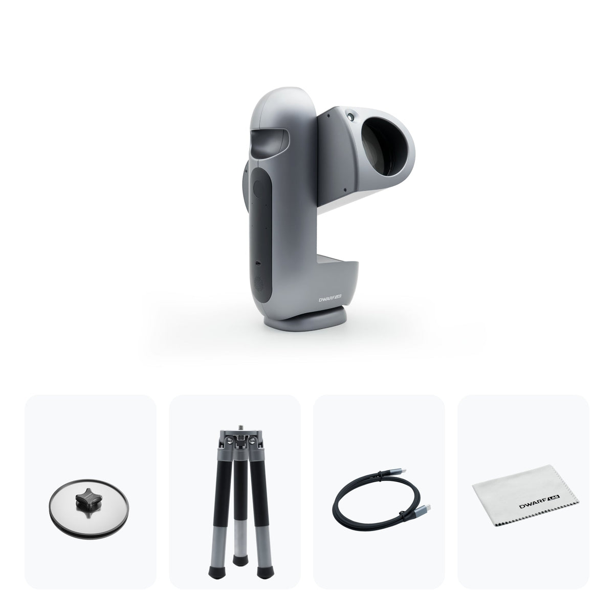 Contenuto della confezione di DWARFLAB Draco SHO: telescopio, filtro ND esterno, treppiede, cavo USB-C e panno per la pulizia