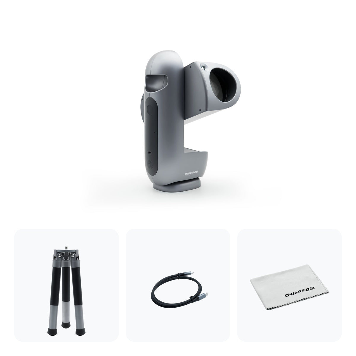 Contenuto della confezione di DWARFLAB Draco: telescopio, treppiede, cavo USB-C e panno per la pulizia